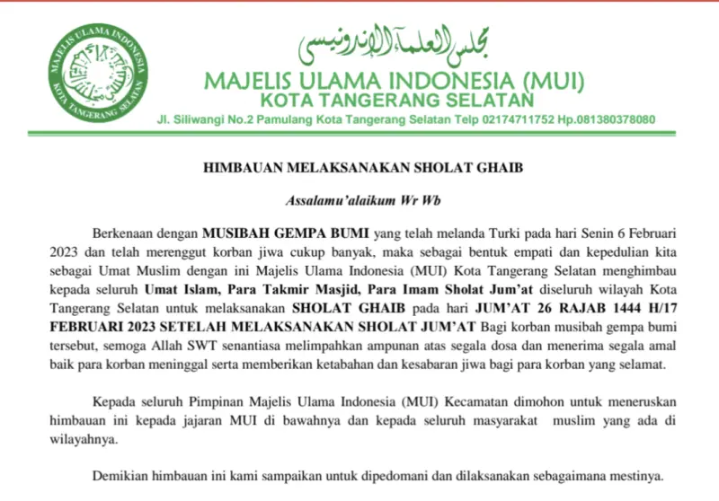 MUI Kota Tangsel Imbau Shalat Ghaib Untuk Rakyat Turki, KH Saidih: Semoga Allah SWT Senantiasa Melimpahkan Ampunan&nbsp;
