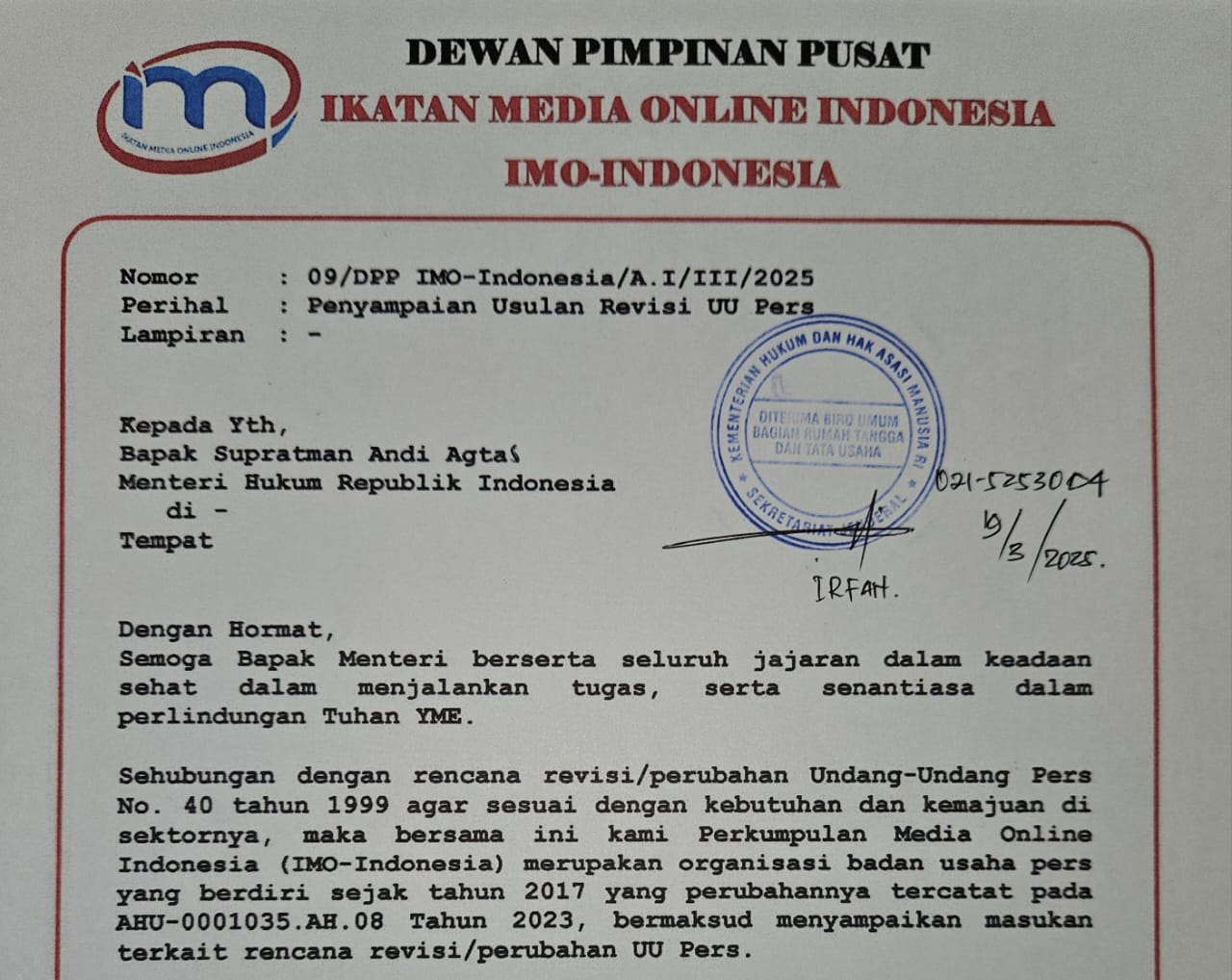 Surati Menteri Hukum, IMO-Indonesia Usul Sejumlah Poin Rencana Revisi UU Pers